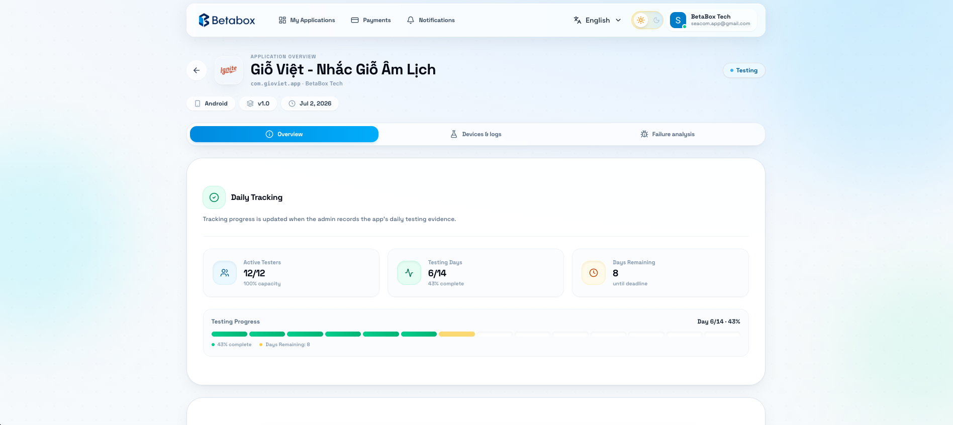 BetaBox application testing progress screen