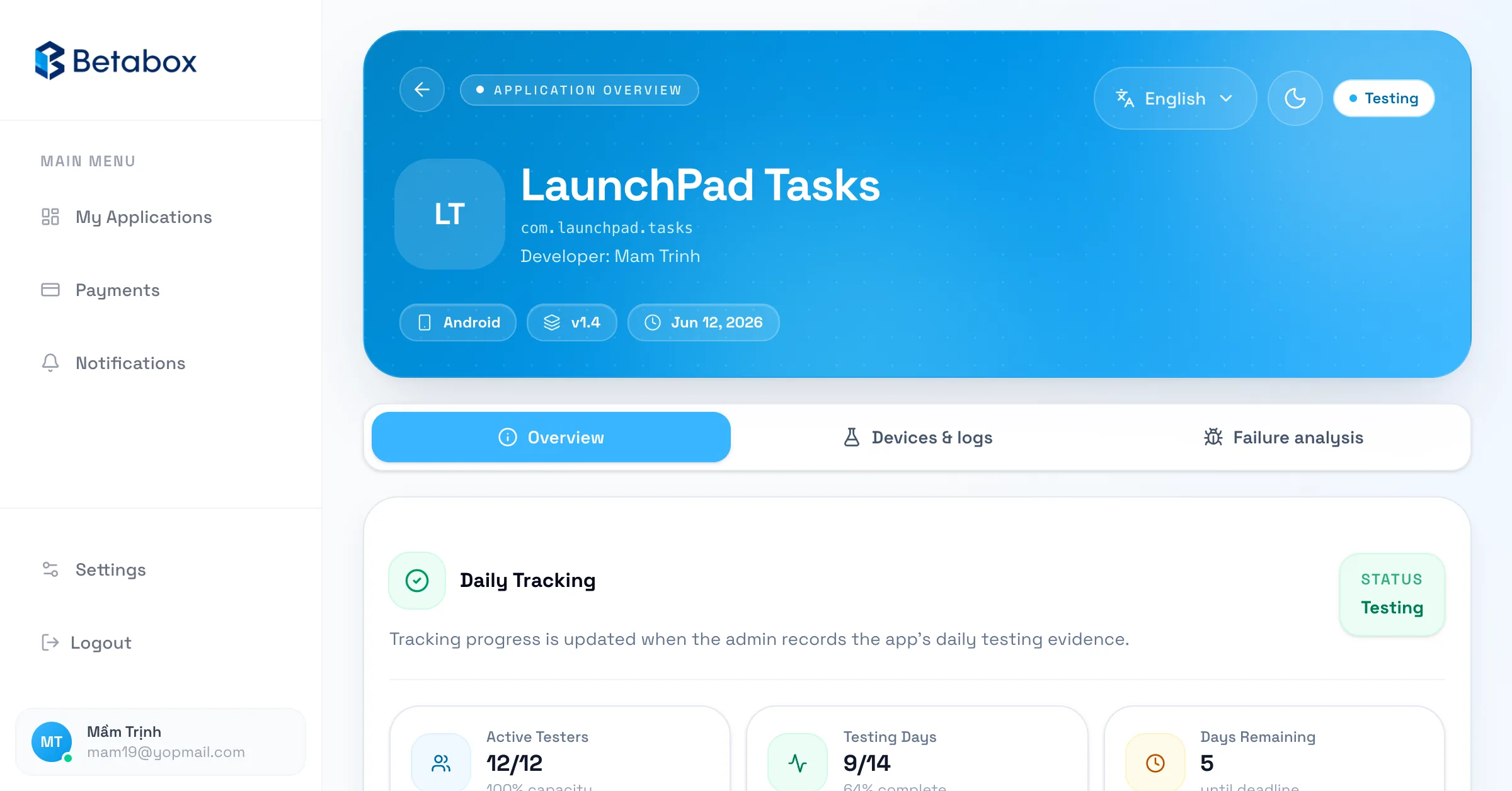 BetaBox app progress dashboard