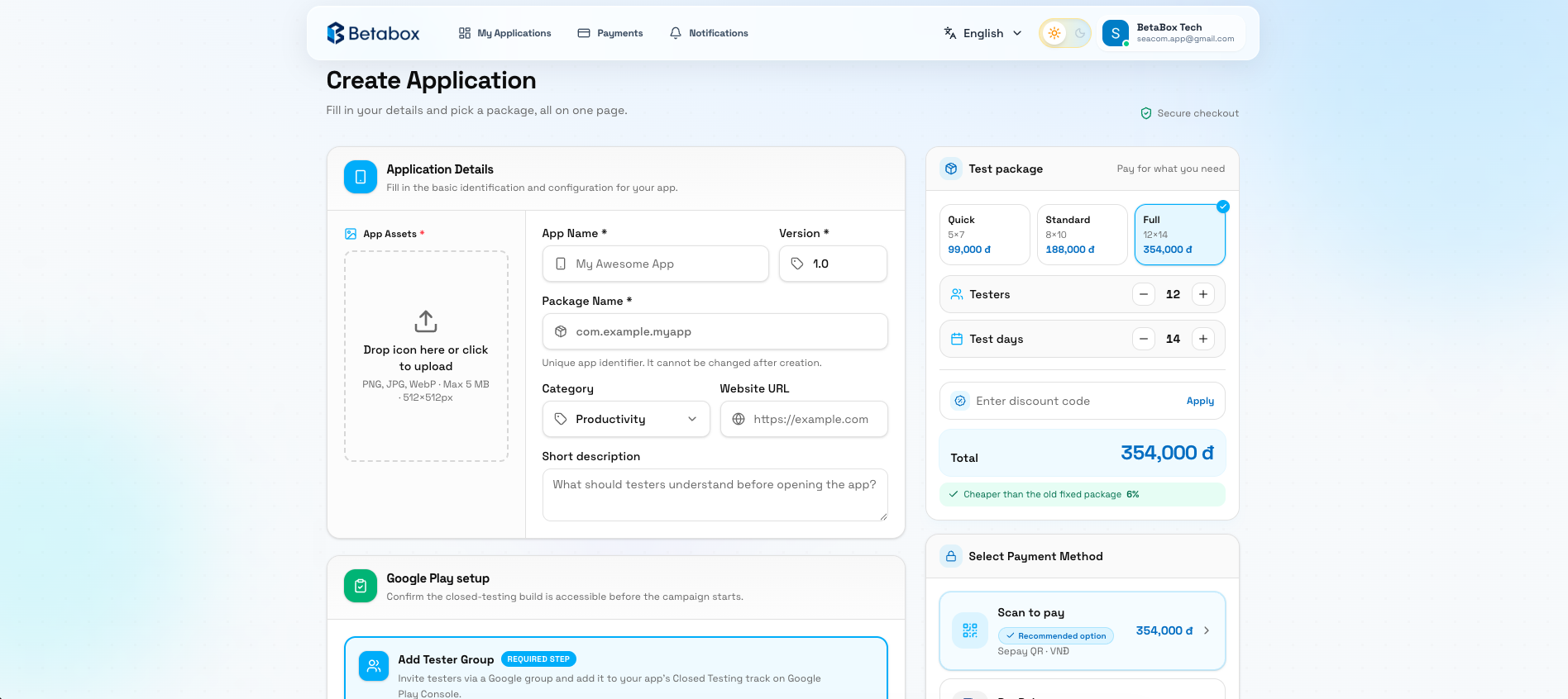BetaBox create application checkout flow